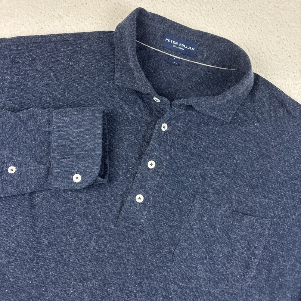 PETER MILLAR Cashmere Blend Polo Shirt Mens Large Blue Long Sleeve Casual Preppy